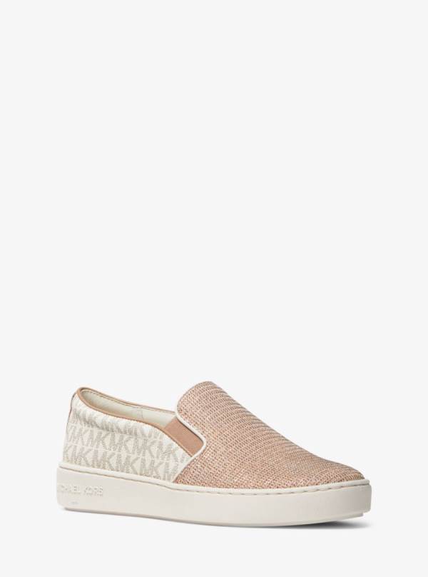 Damske Slip On Michael Kors Keaton Two-Tone Logo and Glitter Chain-Mesh Sneaker Biele Hnedožltý - Topanky Michael Kors Slevy | KZHFC-9675